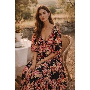 Anthropologie Maxi Dress S Black Floral Pink Blossom Tiered Dark Romantic Boho